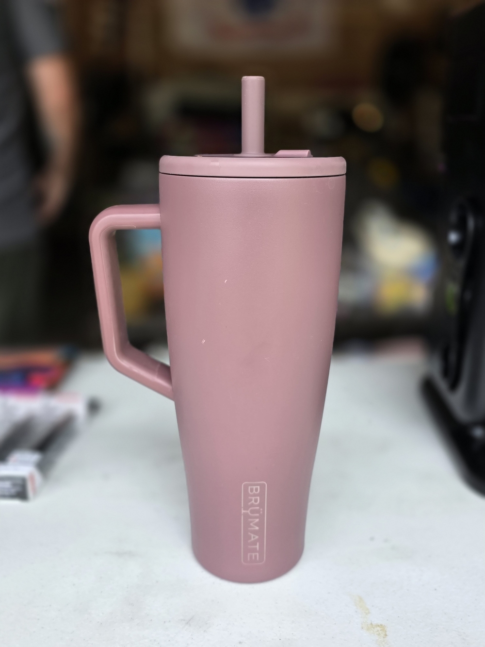 Brumate Pink Insulated Travel Mug with Handle and Straw